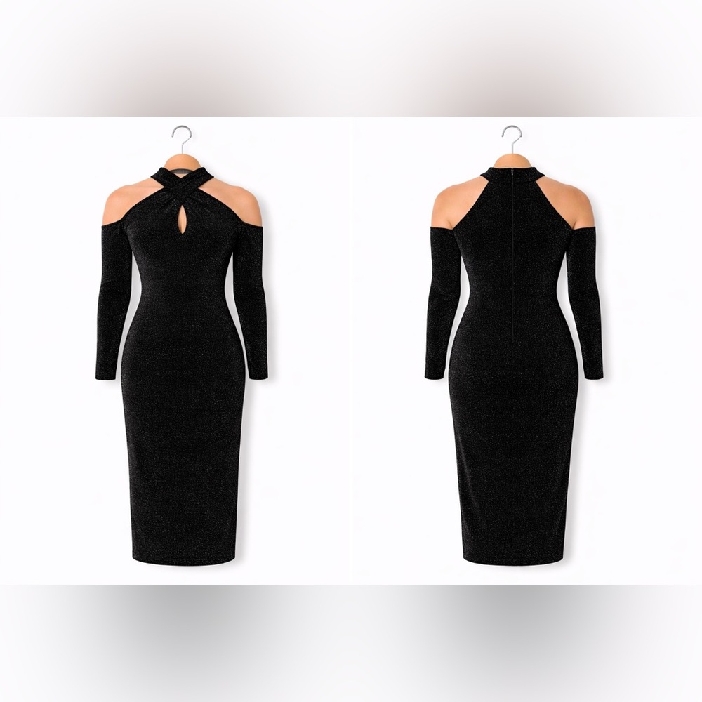 RACHEL Rachel Roy Black Cold-Shoulder Midi Dress